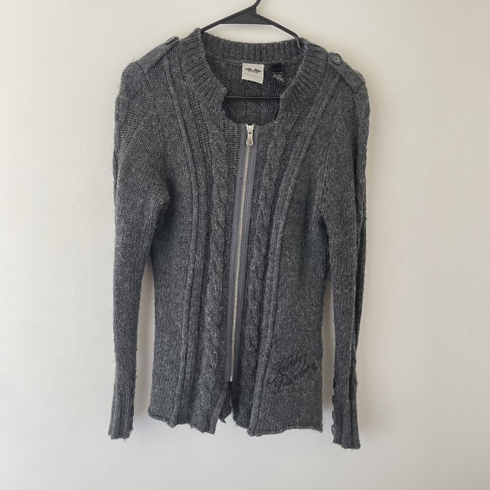 Harley Davidson Wool Moto Cardigan Gray Zip‎ Up Cable Knit Grunge Y2K Sweater S - Picture 3 of 10